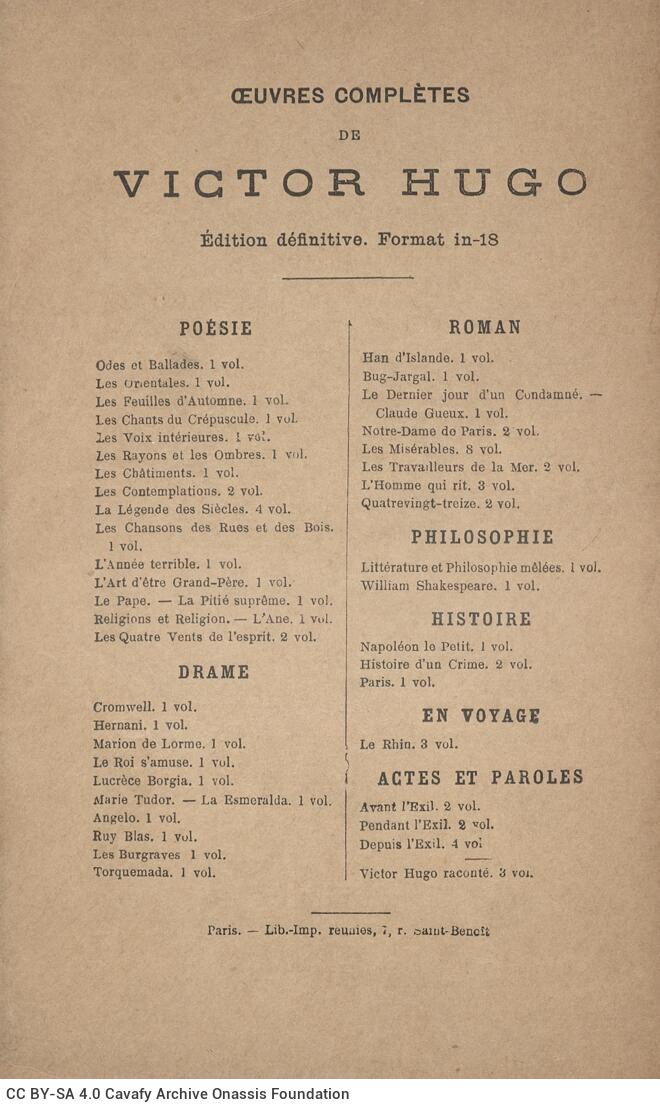 18.5 x 12 cm; 4 s.p. + 254 p. + 2 s.p., price of the book “2 francs” on its spine. L. 1 half-title page with information 